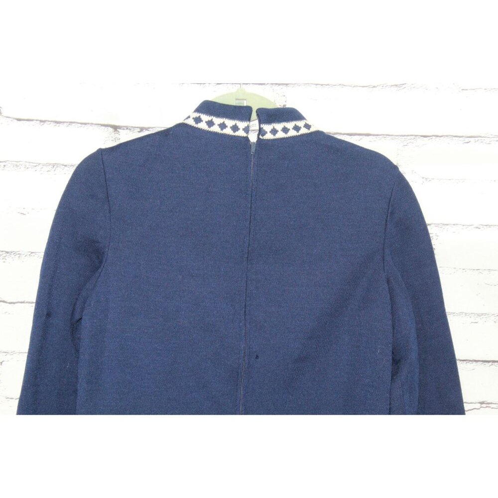 Vintage R&K Knits Womens Navy Blue Embroidered High Neck Dress Dark Academia Mod - Picture 6 of 12